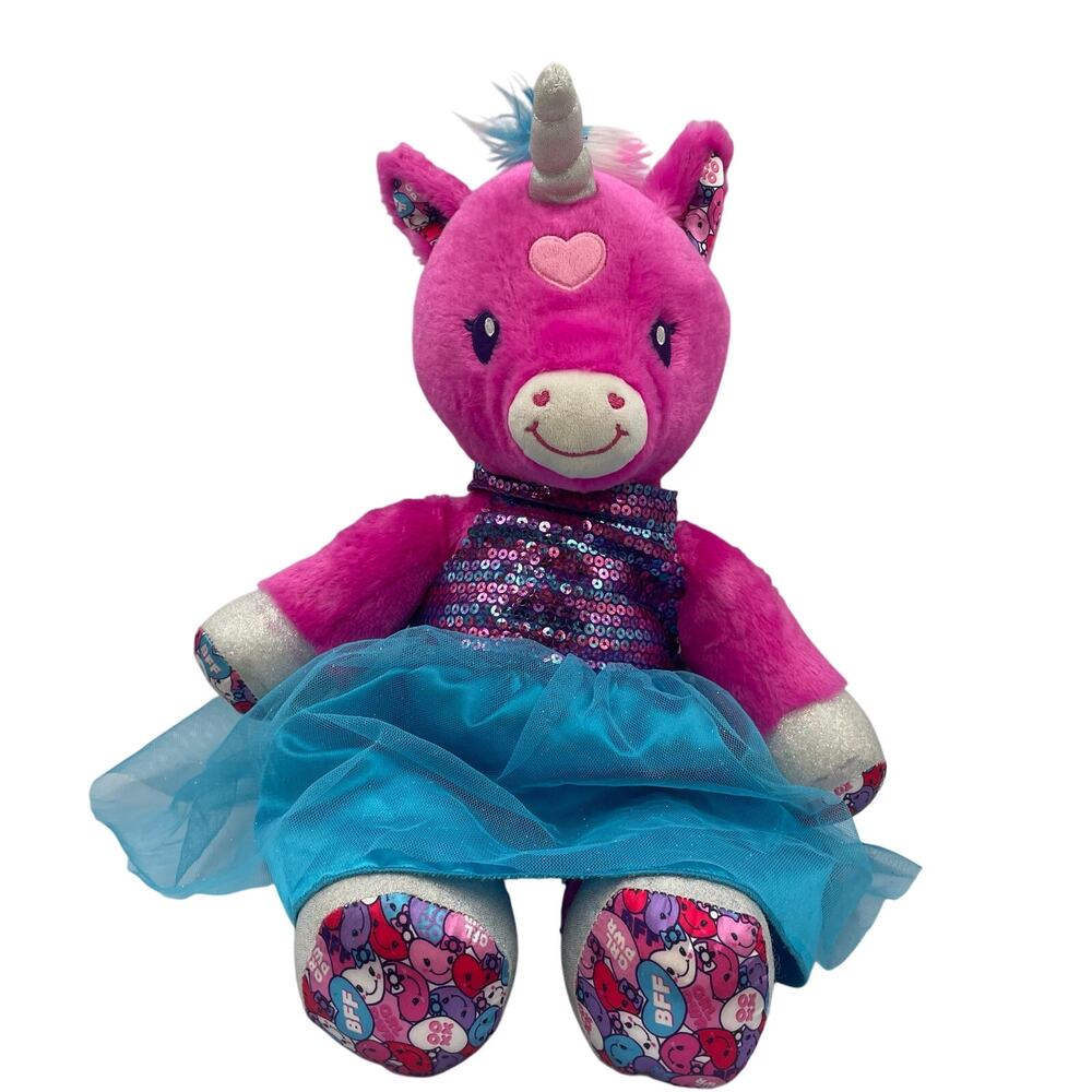 Build a Bear Candy Hearts Unicorn Dress Pink Blue Sequins Stuffed Animal Plush